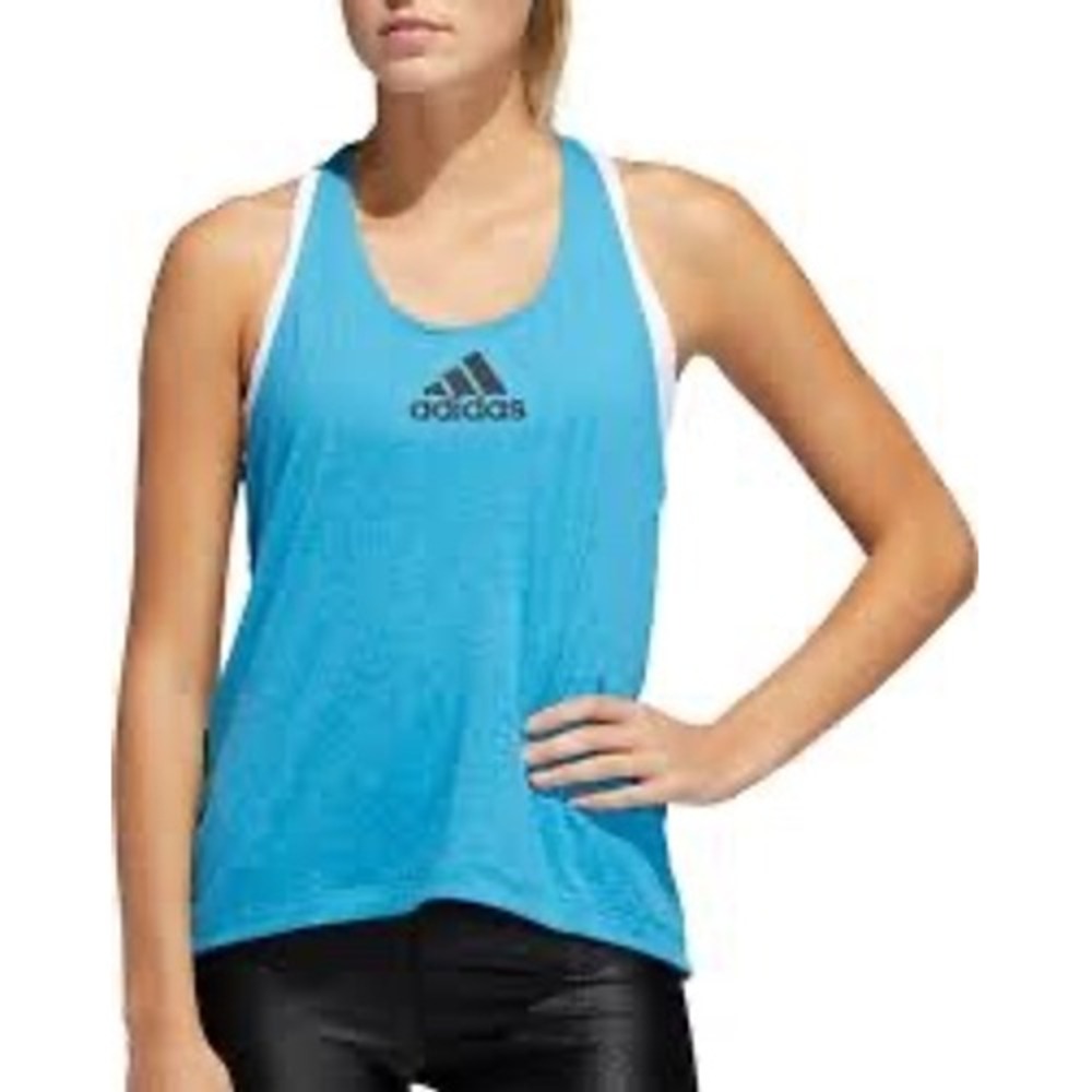 Adidas Womens Blue Heathered Racerback Tank Top Three Stripe Back Logo XS